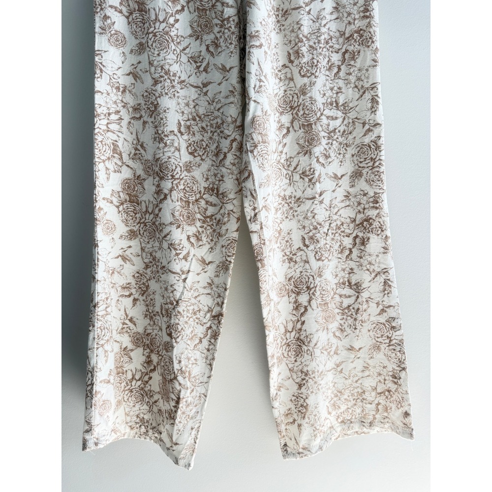 Women’s Wide-Leg Drawstring Floral Lounge Pants - White & Light Brown - Picture 7 of 14